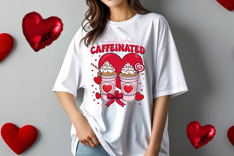 Lovely and Caffeinated - Coquette Valentines Sublimation Tshirt Mockup Image.jpg