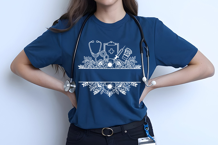 Nurse Split Monogram Medical Tools with Flower SVG Clipart Shirt Mockup Image.jpg
