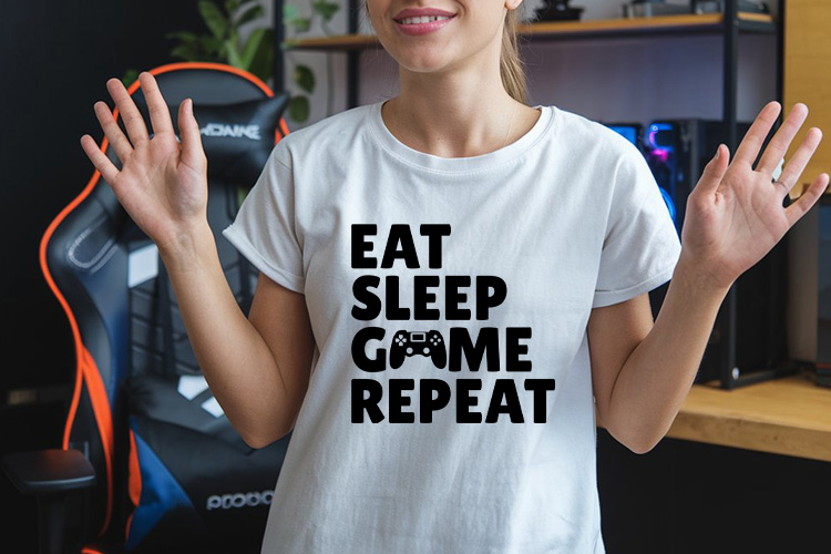 Eat Sleep Game Repeat - Gaming Design SVG Shirt Mockup Image.jpg