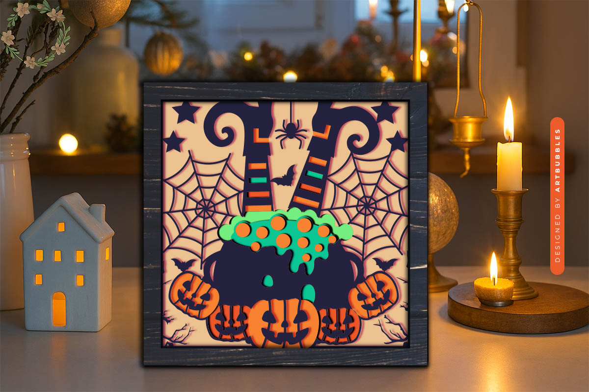 Witch Lantern Cauldron Halloween Shadow Box SVG