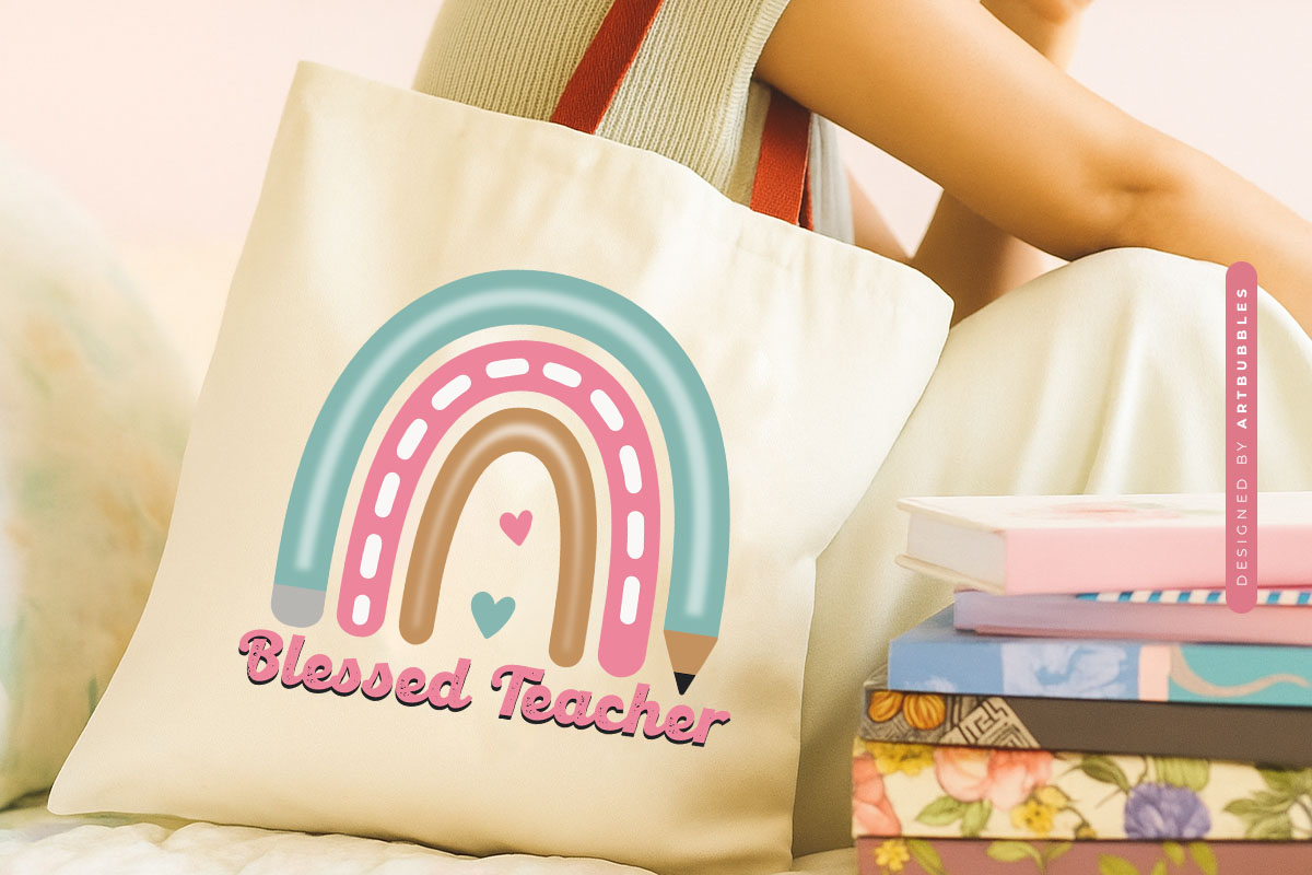 Retro Blessed Teacher Rainbow Sublimation Tote Bag Mockup Image.jpg