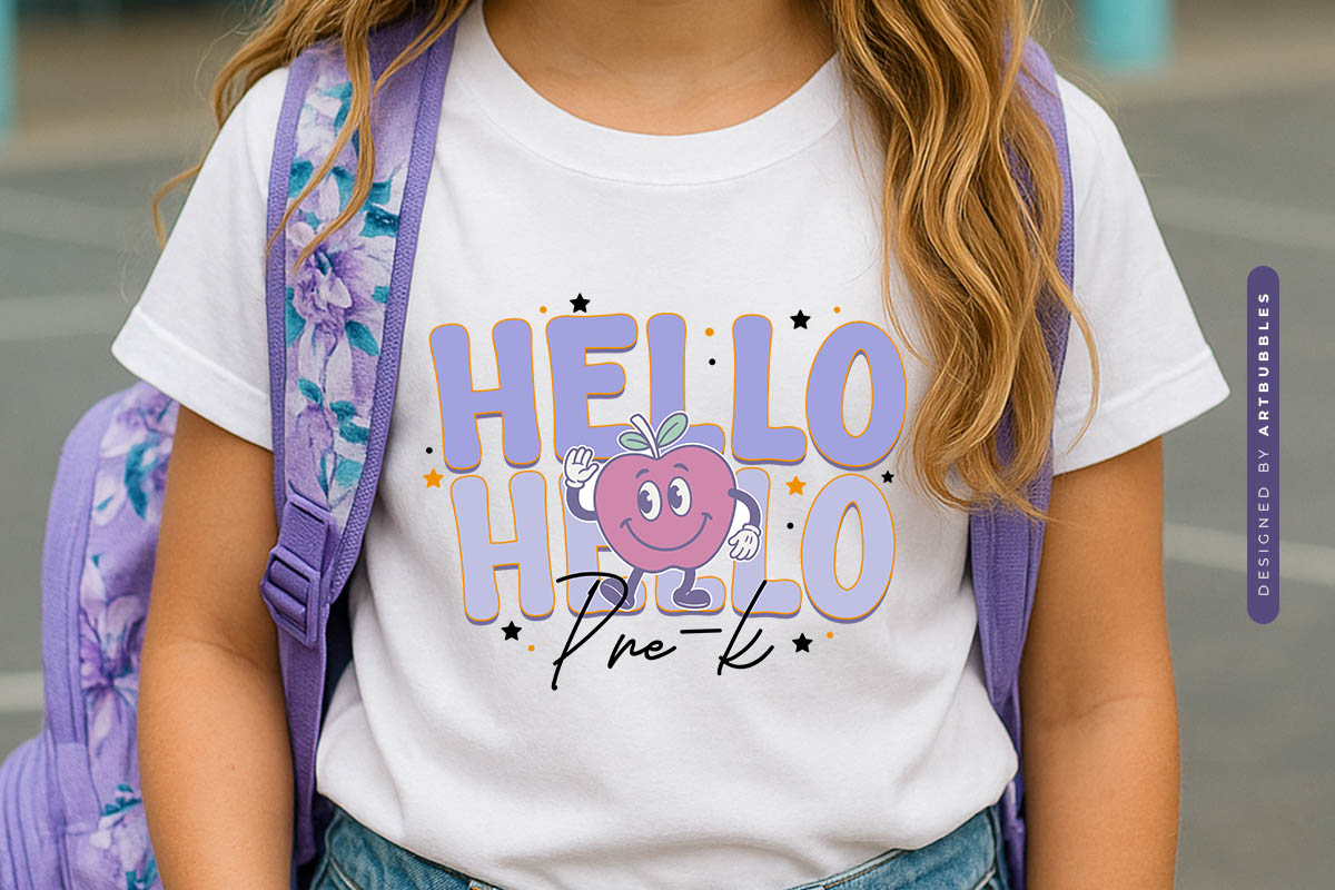 Hello Pre-k - Retro Back to School PNG Sublimation Shirt Mockup Image.jpg