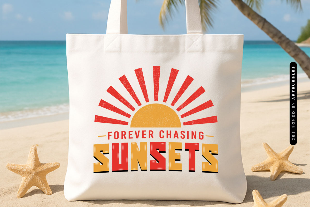 Forever Chasing Sunsets - Summer PNG Sublimation Tote Bag Mockup Image.jpg