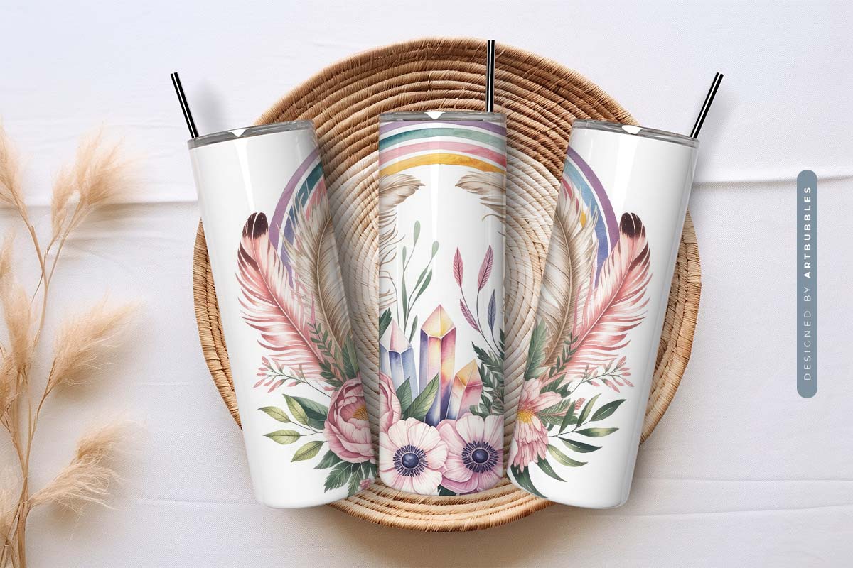 Boho Floral Feather Tumbler Wrap Sublimation Image 3.jpg