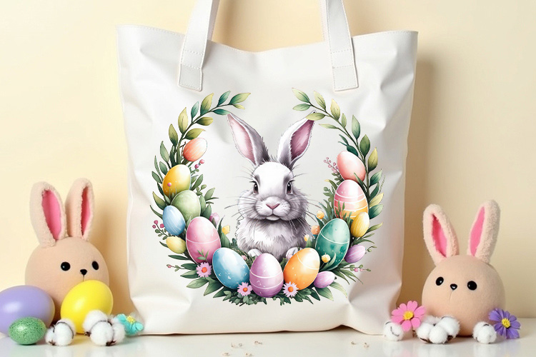 Festive Easter Bunny Floral Wreath Clipart PNG Tote Bag Mockup Image.jpg