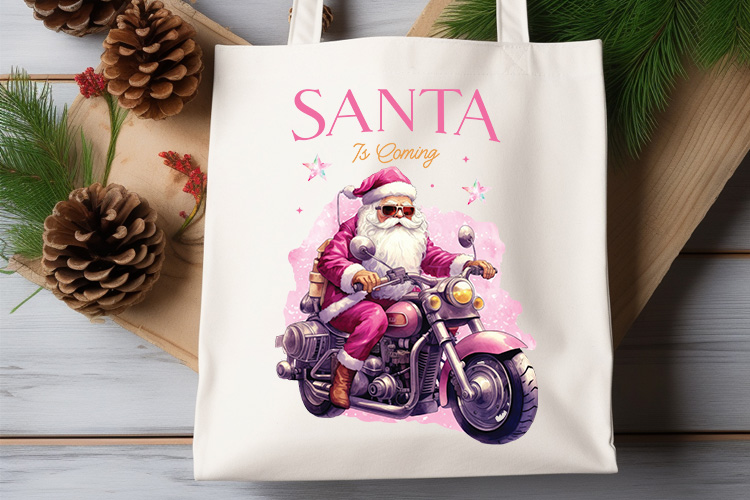 Santa is Coming - Pink Christmas Sublimation Design Tote Bag Mockup Image.jpg