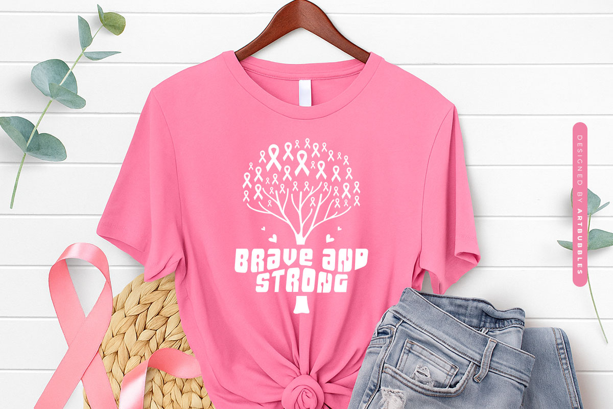 Brave and Strong - Retro Breast Cancer Ribbon SVG Shirt Mockup Image.jpg