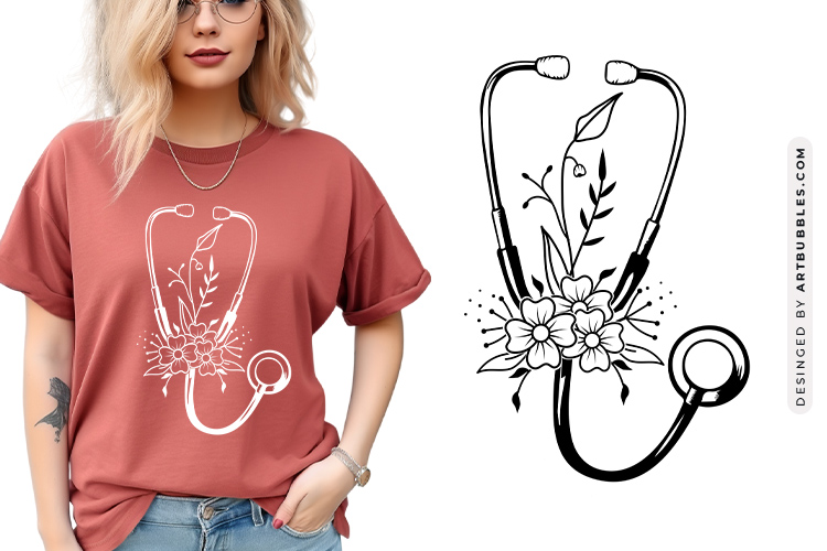 Hand Drawn Floral Stethoscope Clip Art SVG