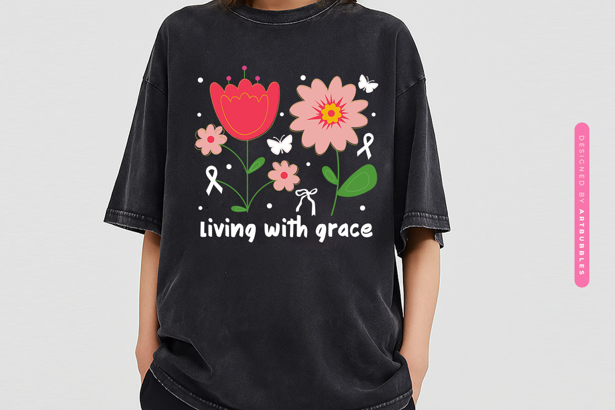 Living with Grace - Floral Breast Cancer Sublimation Shirt Mockup Image.jpg