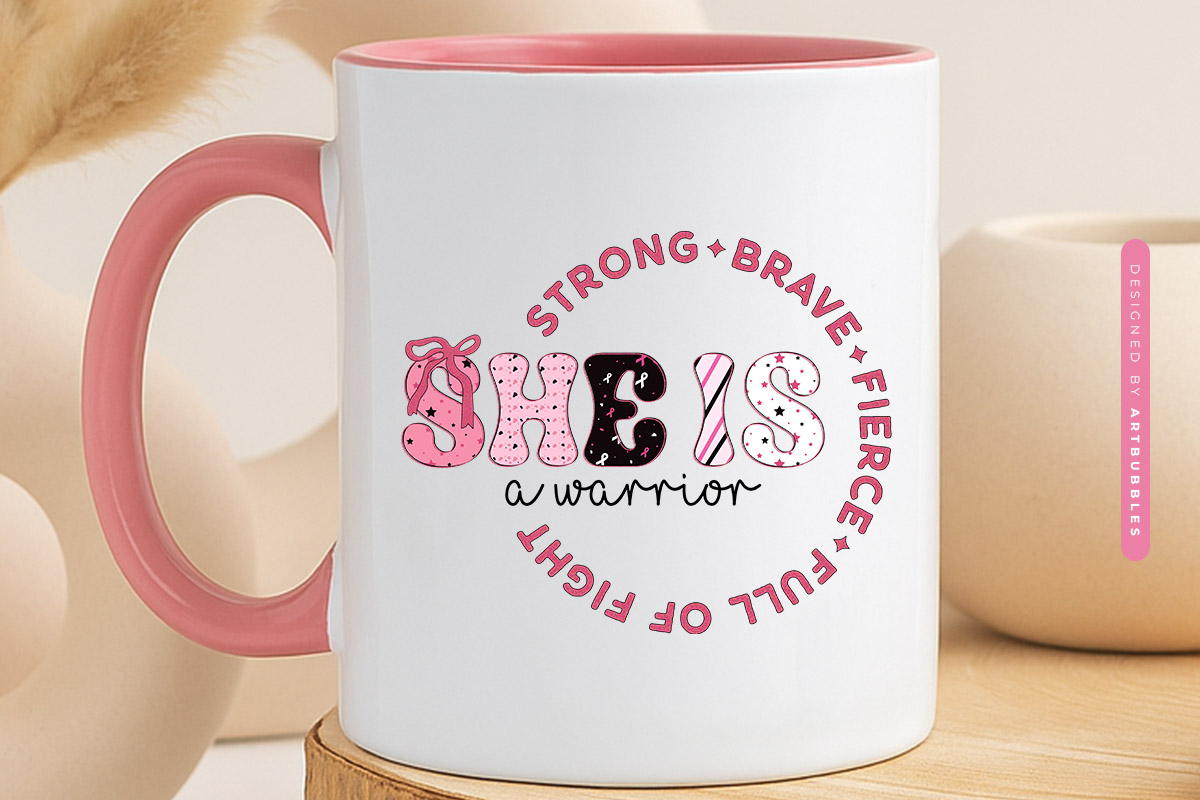 She is a Warrior - Breast Cancer Coquette Sublimation Mug Mockup image.jpg