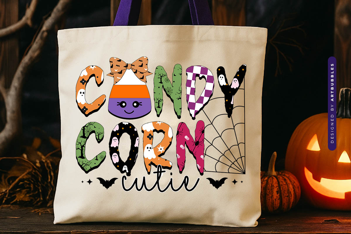 Candy Corn Cutie - Coquette Bow Halloween Sublimation Tote bag Mockup Image.jpg
