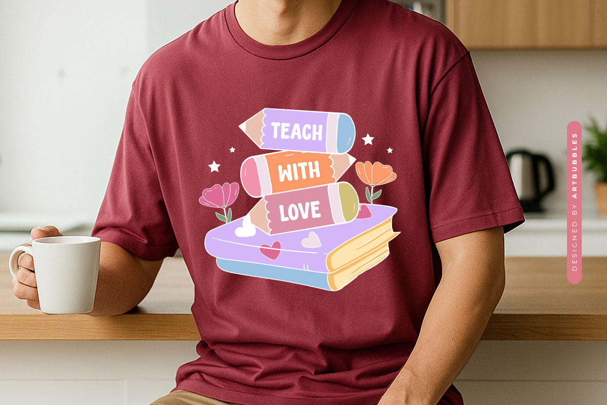 Teach with Love - Retro Teacher Book Sublimation Tshirt Mockup Image.jpg