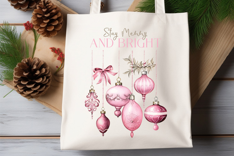 Stay Merry and Bright - Pink Christmas Sublimation Tote Bag Mockup Image.jpg