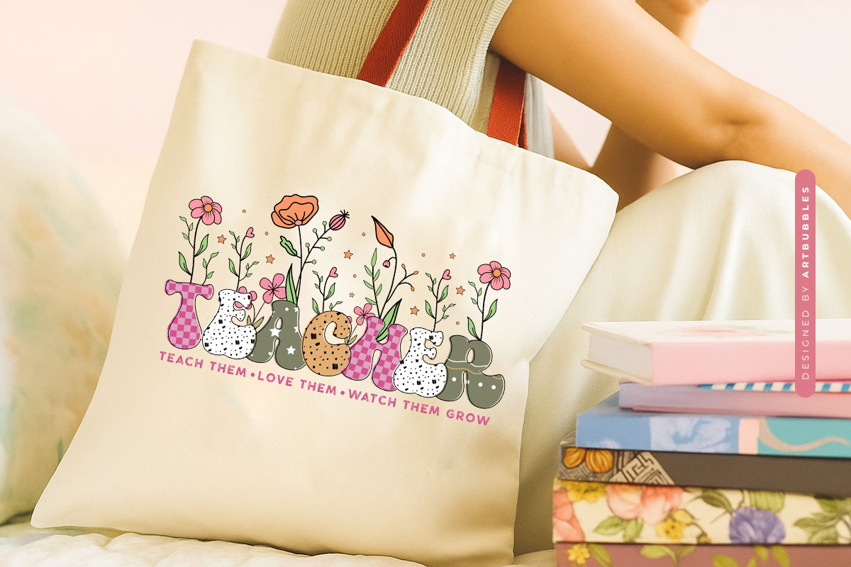Retro Floral Teacher PNG Sublimation Print Tote Bag Mockup Image.jpg