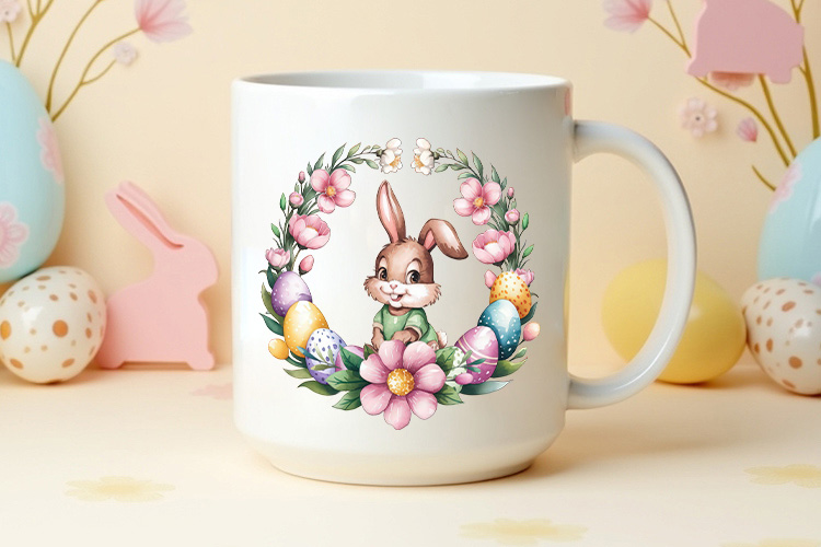 Cute Easter Bunny Floral Wreath PNG Clipart Mug Mockup Image.jpg