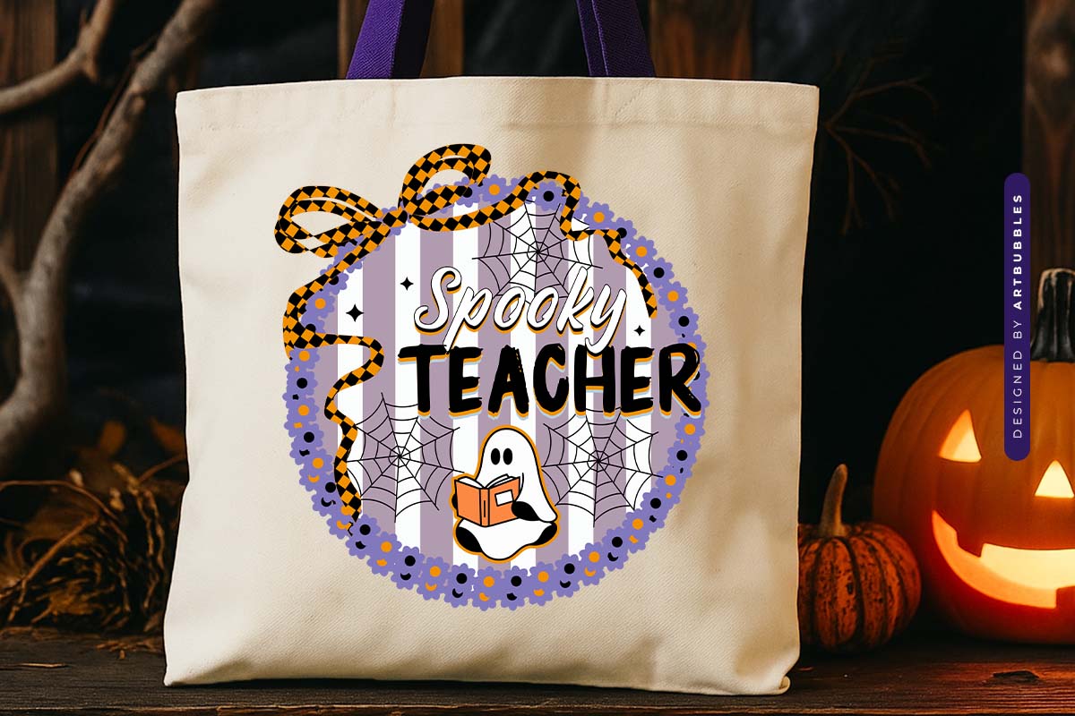 Spooky Teacher - Halloween Coquette Bow Sublimation Tote Bag Mockup Image.jpg