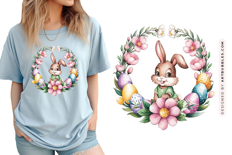 Cute Easter Bunny Floral Wreath PNG Clipart