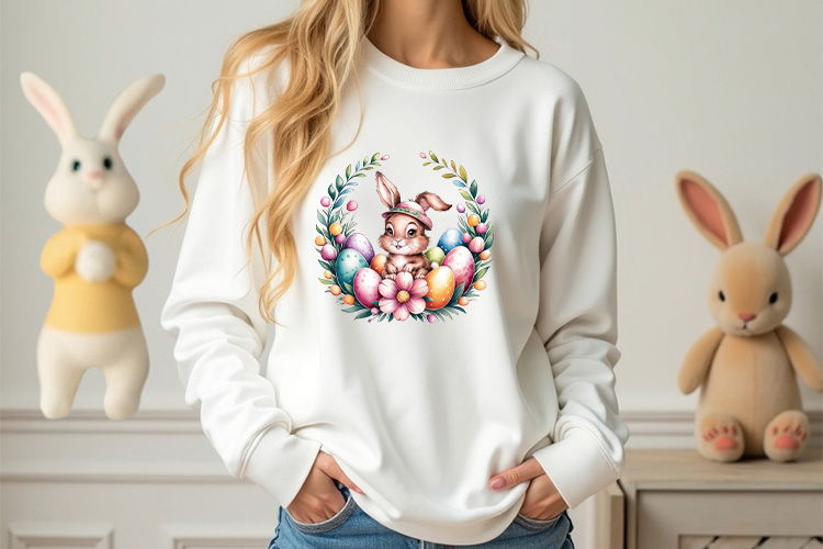 Funny Easter Bunny Floral Wreath Clip Art PNG Sweatshirt Mockup Image.jpg