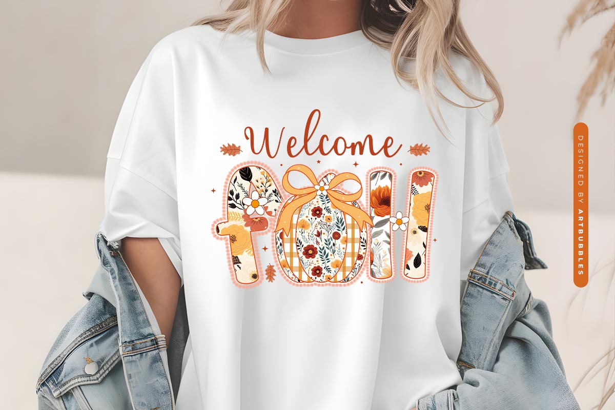 Preppy Floral Welcome Fall Sublimation Design T-shirt Mockup image.jpg