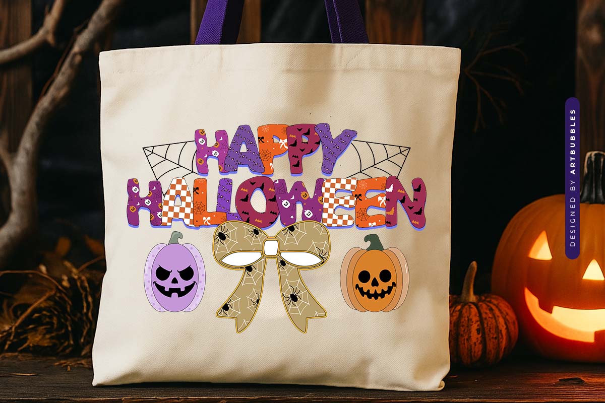 Happy Halloween Coquette Bow Sublimation Tote bag Mockup Image.jpg