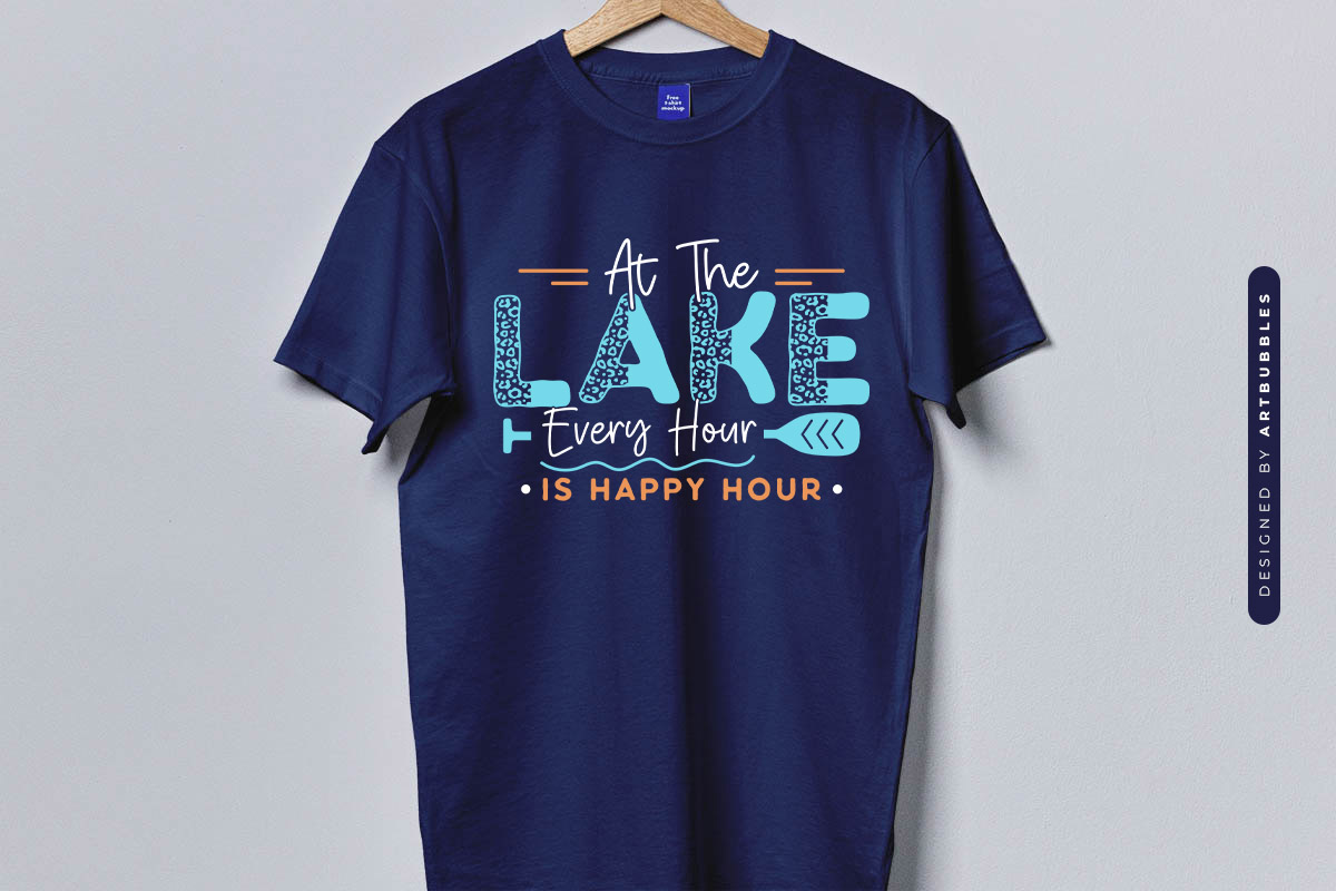 At the Lake Every Hour is Happy Hour SVG Blue Shirt Mockup Image.jpg