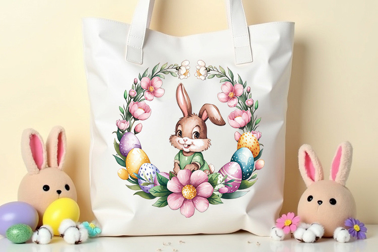 Cute Easter Bunny Floral Wreath PNG Clipart Tote Bag Mockup Image.jpg