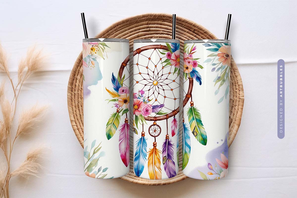 Boho Dreamcatcher Floral Sublimation Tumbler Wrap Image.jpg