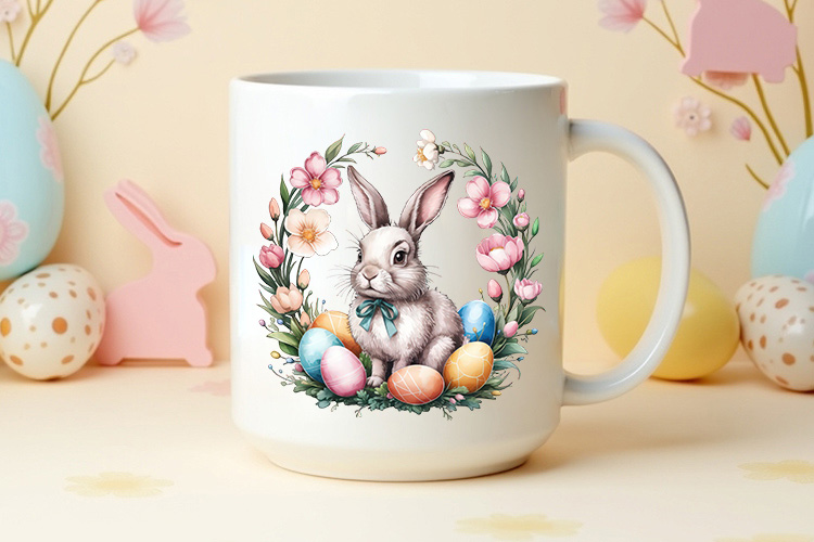 Easter Bunny Wreath with Flower and Egg Clipart Mug Mockup Image.jpg