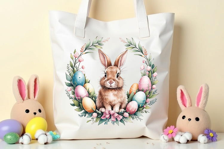 Elegant Easter Bunny Wreath Clipart Illustration Tote Bag Mockup Image.jpg