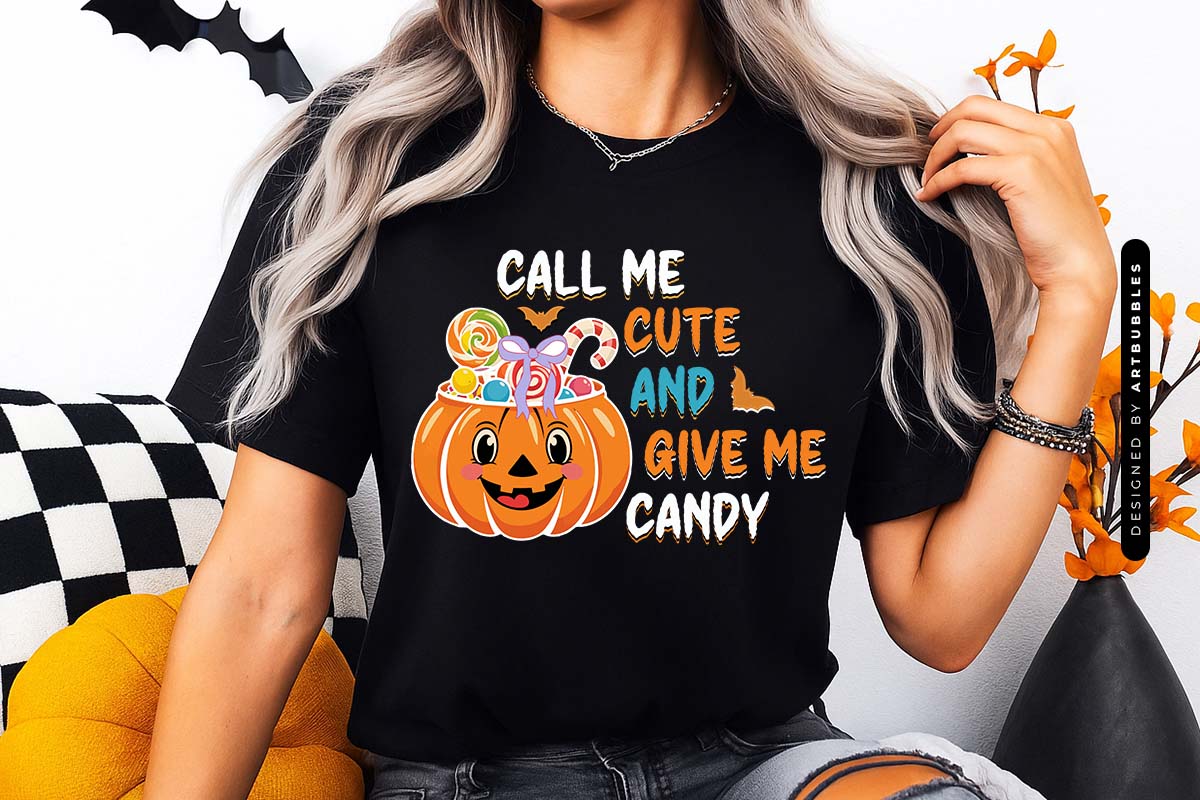 Call Me Cute and Give Me Candy - Halloween Coquette PNG T-shirt Mockup Image.jpg