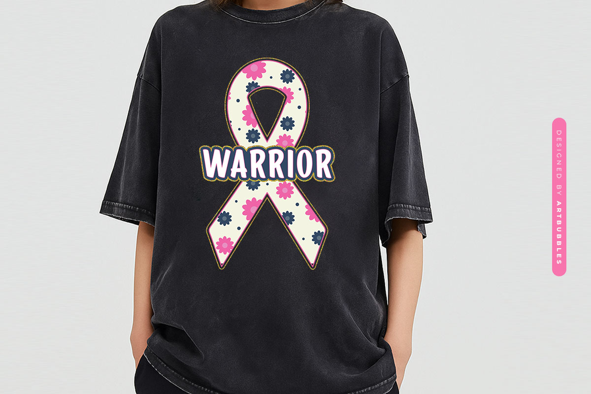 Warrior - Breast Cancer Floral Ribbon Sublimation Tshirt Mockup Image.jpg
