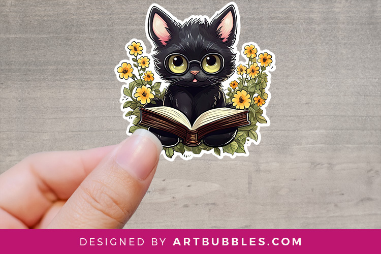 Cute Black Cat Reading Book Stickers
