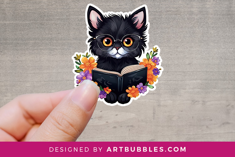 Cute Black Cat Reading Books Stickers Preview 01.jpg