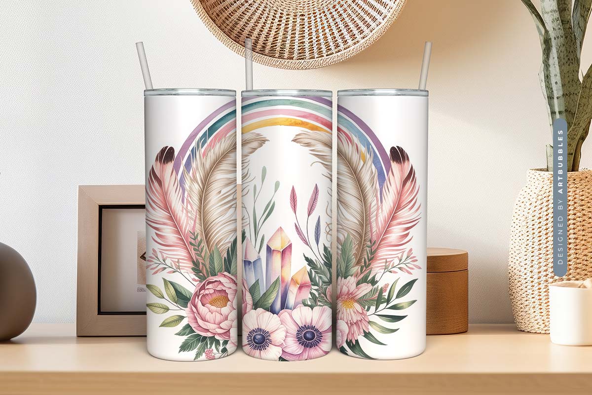 Boho Floral Feather Tumbler Wrap Sublimation Image 2.jpg