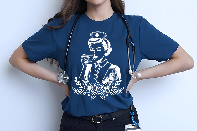 Cute Medical Nurse with a Cup of Coffee & Flower Clipart Shirt Mockup Image.jpg