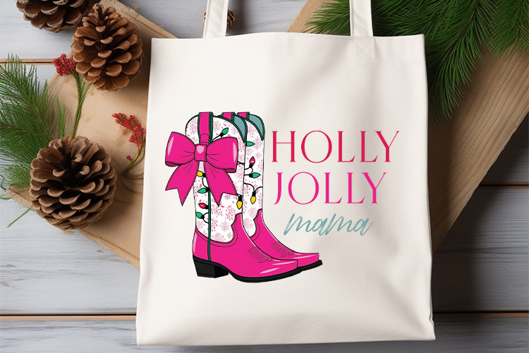 Holly Jolly Mama - Pink Christmas Sublimation PNG Tote Bag Mockup Image.jpg