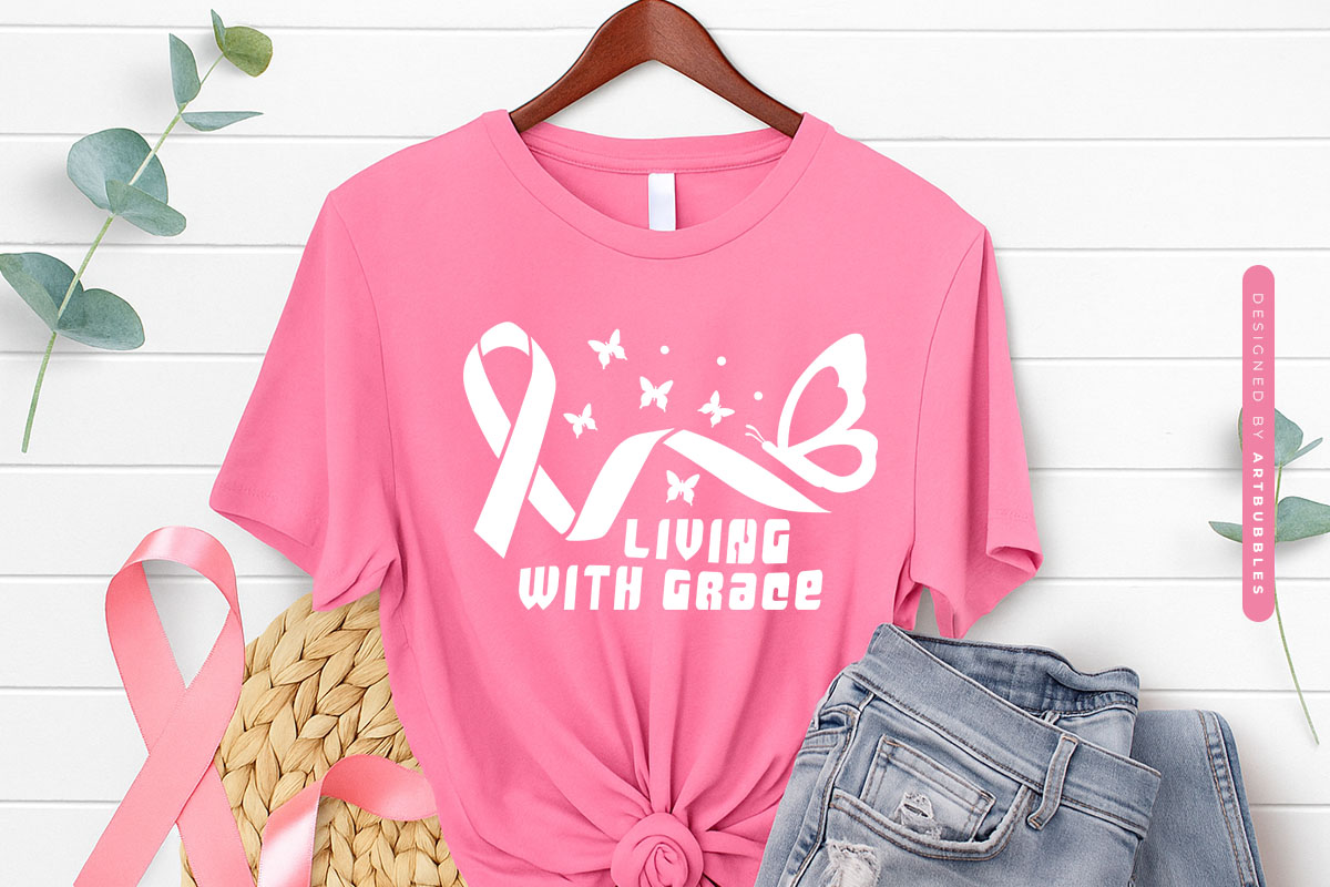 Living with Grace - Retro Breast Cancer SVG Design Tshirt Mockup Image.jpg