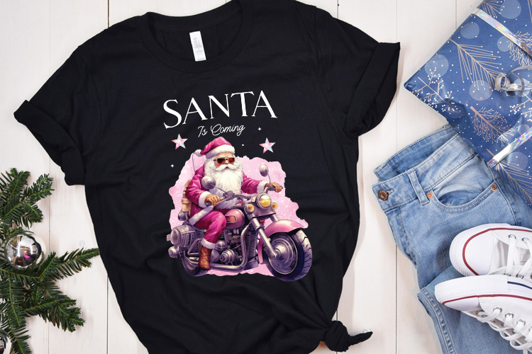 Santa is Coming - Pink Christmas Sublimation Design Shirt Mockup Image.jpg