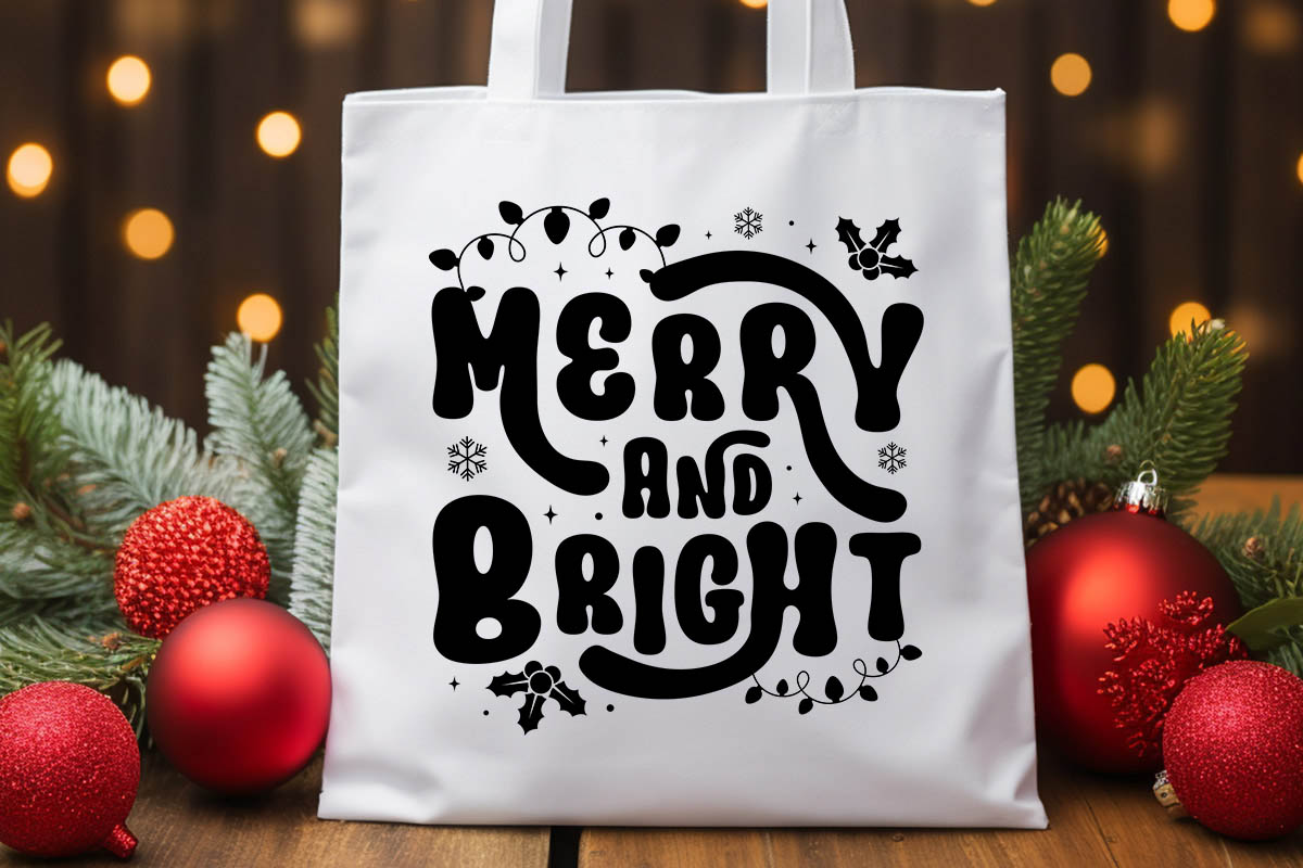 Merry and Bright - Retro Christmas SVG Tote bag Mockup image.jpg