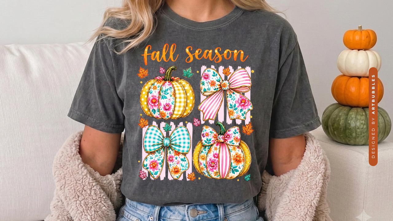 Striped Fall Season Coquette Pumpkin Sublimation PNG Shirt Mockup image.jpg
