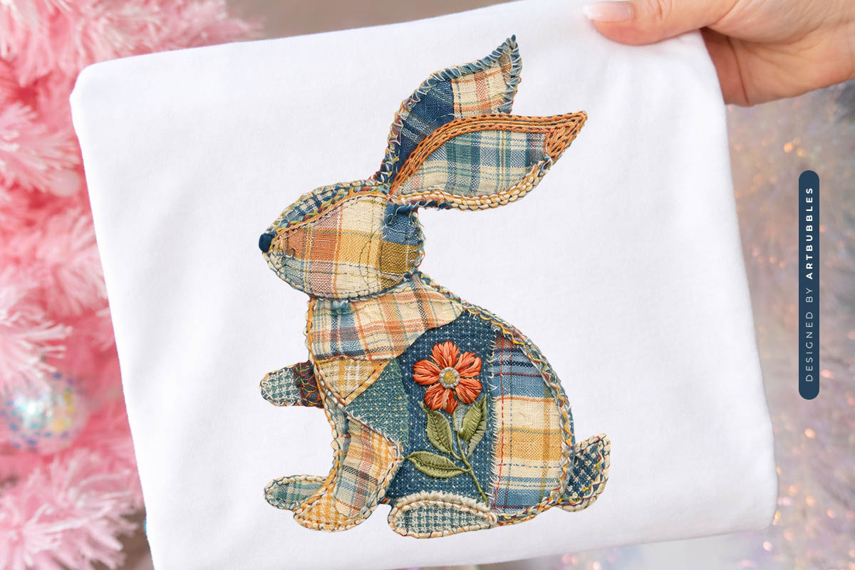 Floral Bunny Faux Patchwork PNG Sublimation