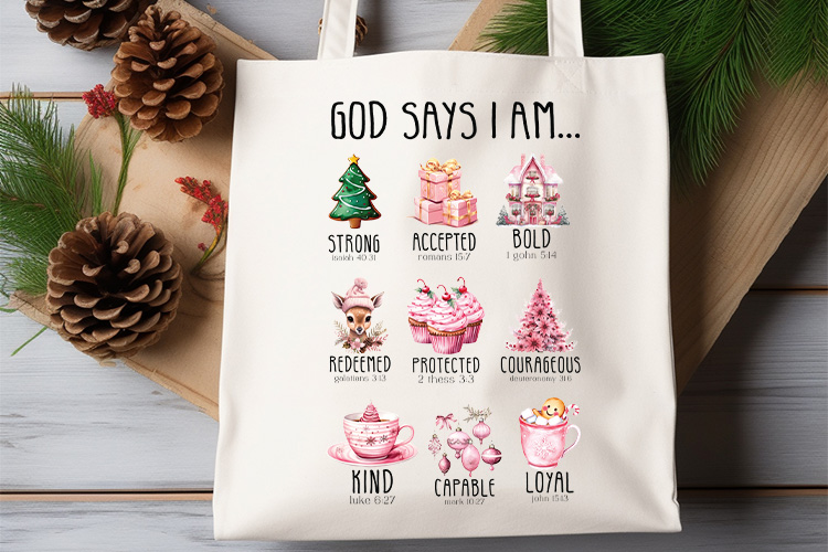 God Says I Am Strong - Pink Christmas PNG Sublimation Tote Bag Mockup Image.jpg