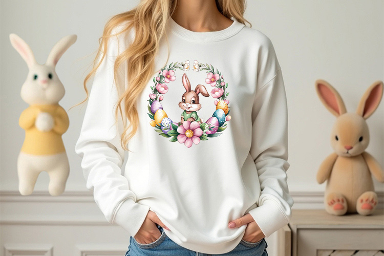 Cute Easter Bunny Floral Wreath PNG Clipart Sweatshirt Mockup Image.jpg