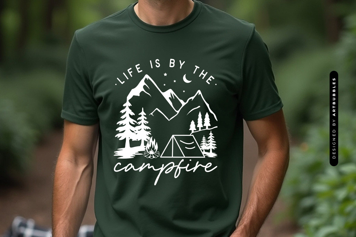 Life is by the Campfire - Camping SVG Saying T-shirt Mockup Image.jpg