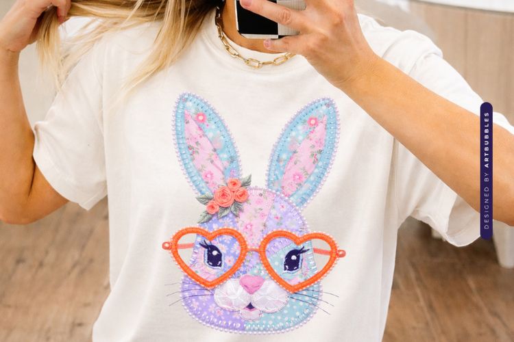 Floral Easter Bunny Patchwork PNG