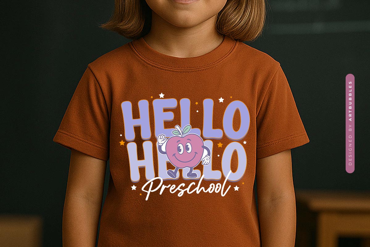 Hello Preschool - Retro Back to School Sublimation PNG T-shirt Mockup Image.jpg