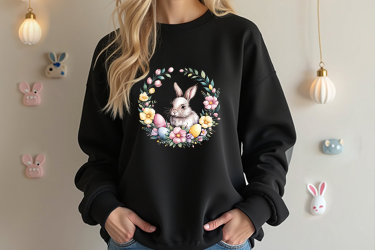 Happy Easter Bunny Floral Wreath Clipart Black Sweatshirt Mockup Image.jpg