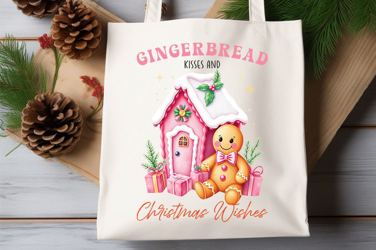 Pink Gingerbread Kisses and Christmas Wishes Sublimation Tote Bag Mockup Image.jpg