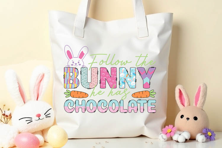 Follow the Bunny He has Chocolate - Easter Sublimation Tote Bag Mockup Image.jpg