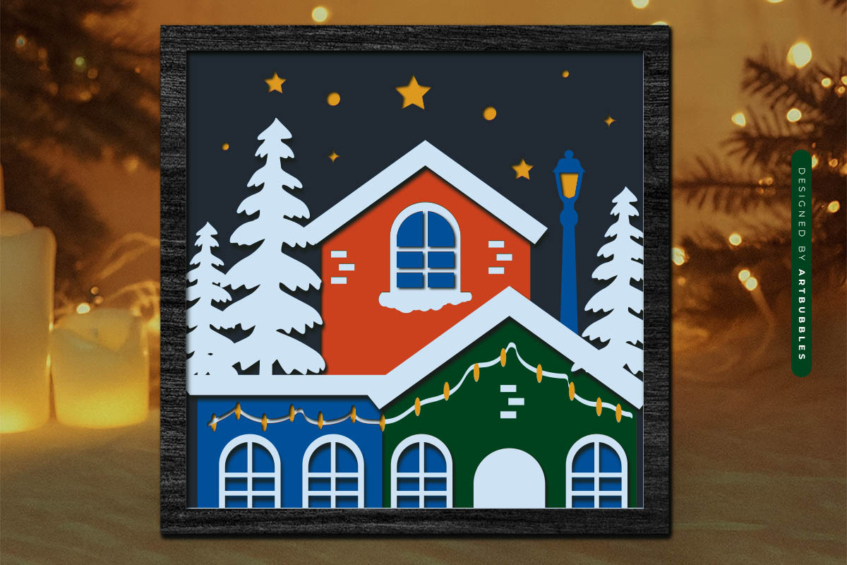 Paper Cut Christmas House Shadow Box SVG